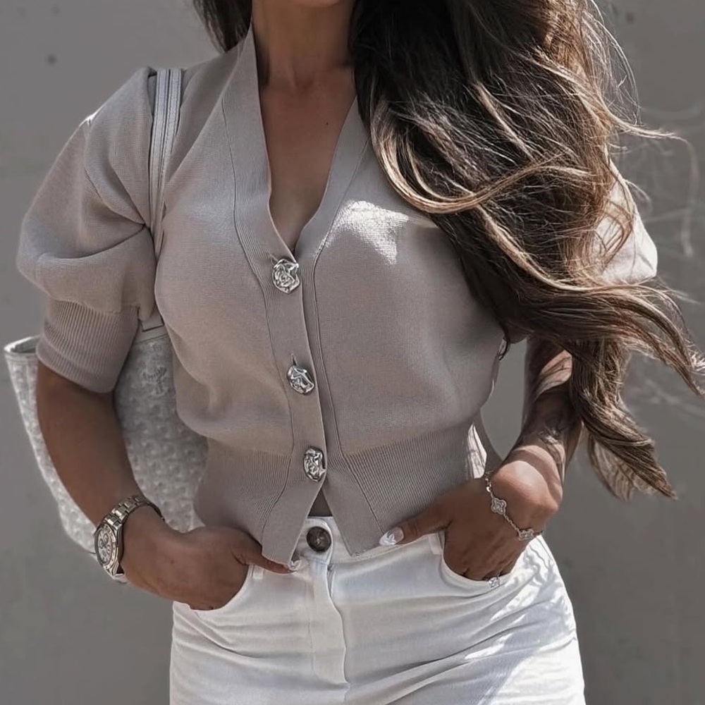 Zara Neutral Buttoned Knit Top - Taupe